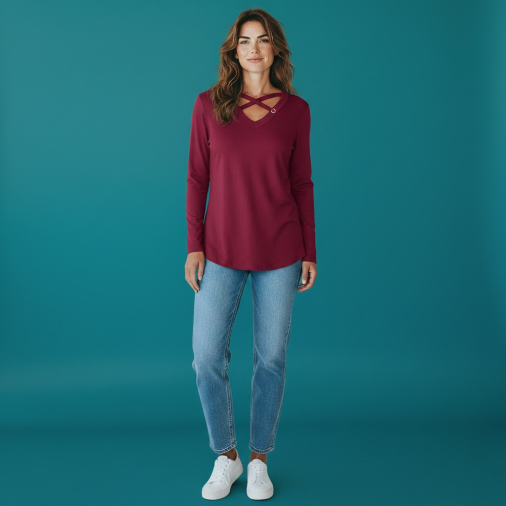 glitz Women's Maroon Long Sleeve Crossover V-Neck Cutout Top Size L